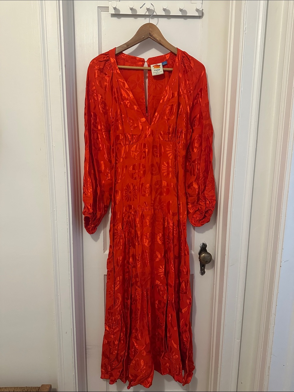 FARM Rio Red Satin Floral V-Neck Midi Dress